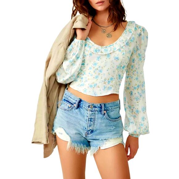 Free People Another Life Top White Combo Blue Floral Print L - Picture 3 of 16